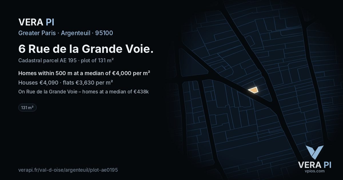 6 Rue de la Grande Voie, Argenteuil at night – the plot lit, the parcels around coloured by the prices near them