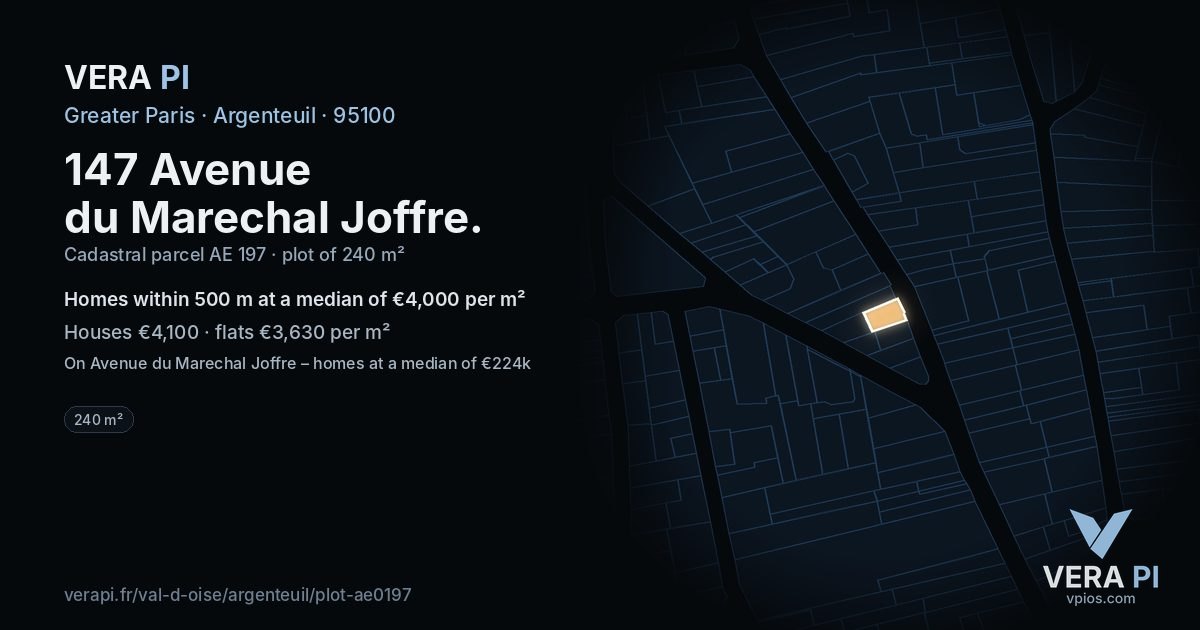 147 Avenue du Marechal Joffre, Argenteuil at night – the plot lit, the parcels around coloured by the prices near them