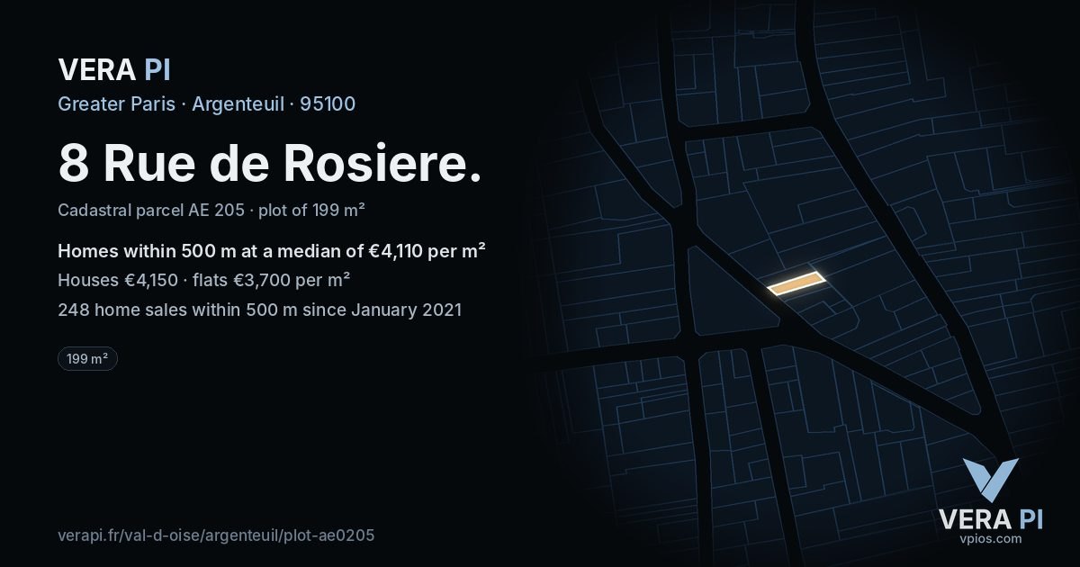 8 Rue de Rosiere, Argenteuil at night – the plot lit, the parcels around coloured by the prices near them