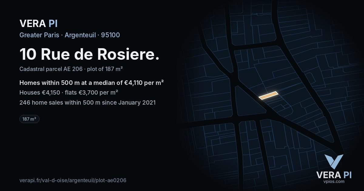 10 Rue de Rosiere, Argenteuil at night – the plot lit, the parcels around coloured by the prices near them