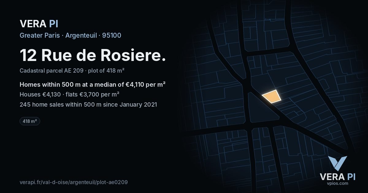 12 Rue de Rosiere, Argenteuil at night – the plot lit, the parcels around coloured by the prices near them