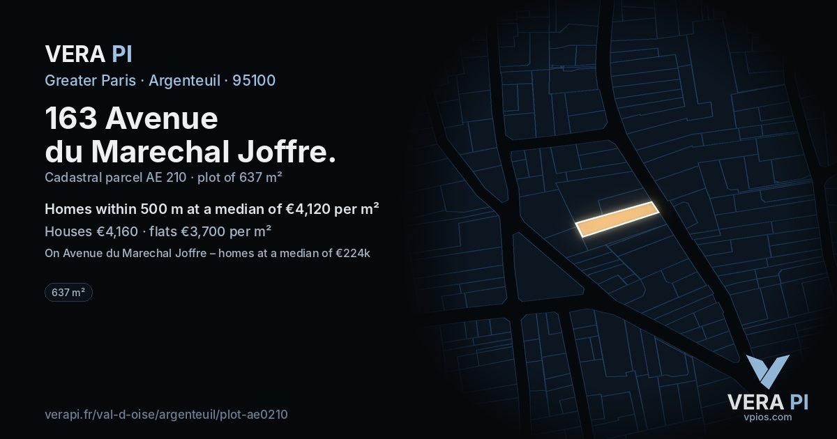163 Avenue du Marechal Joffre, Argenteuil at night – the plot lit, the parcels around coloured by the prices near them