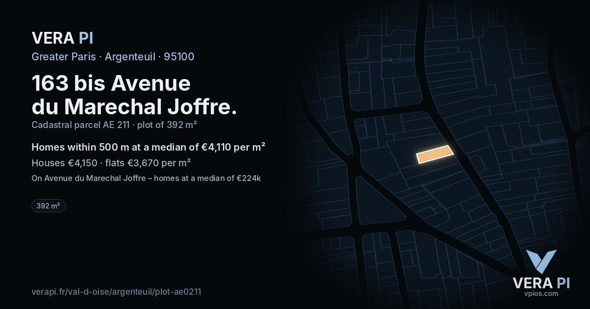163 bis Avenue du Marechal Joffre, Argenteuil at night – the plot lit, the parcels around coloured by the prices near them