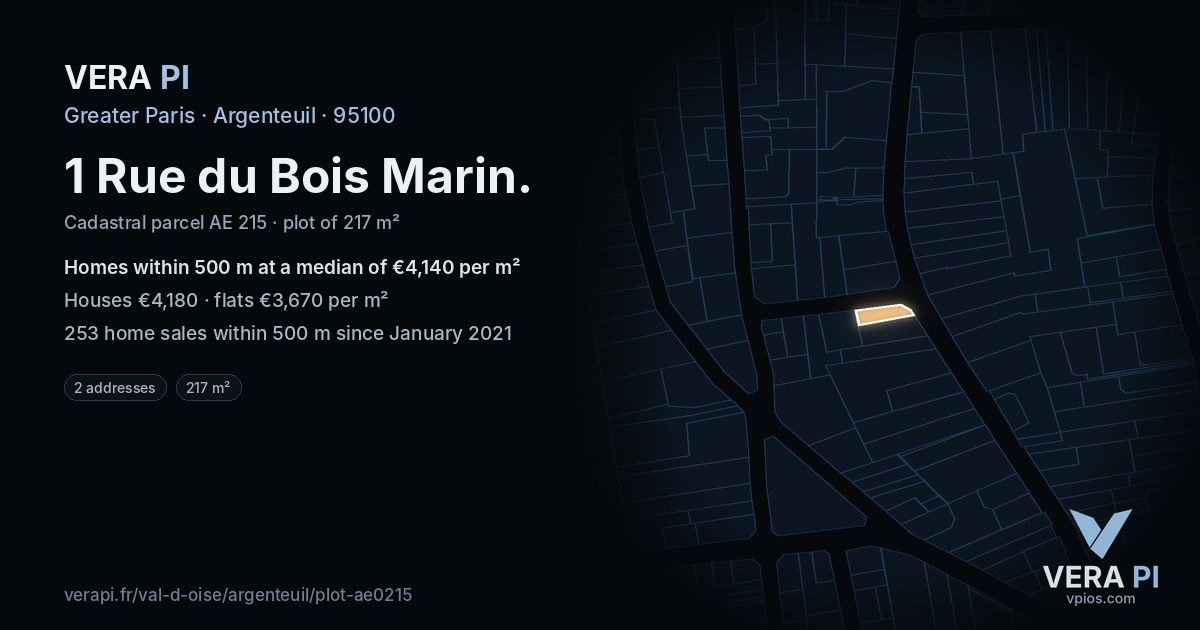 1 Rue du Bois Marin, Argenteuil at night – the plot lit, the parcels around coloured by the prices near them