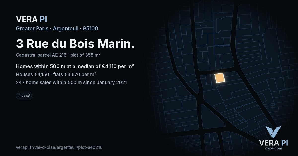 3 Rue du Bois Marin, Argenteuil at night – the plot lit, the parcels around coloured by the prices near them