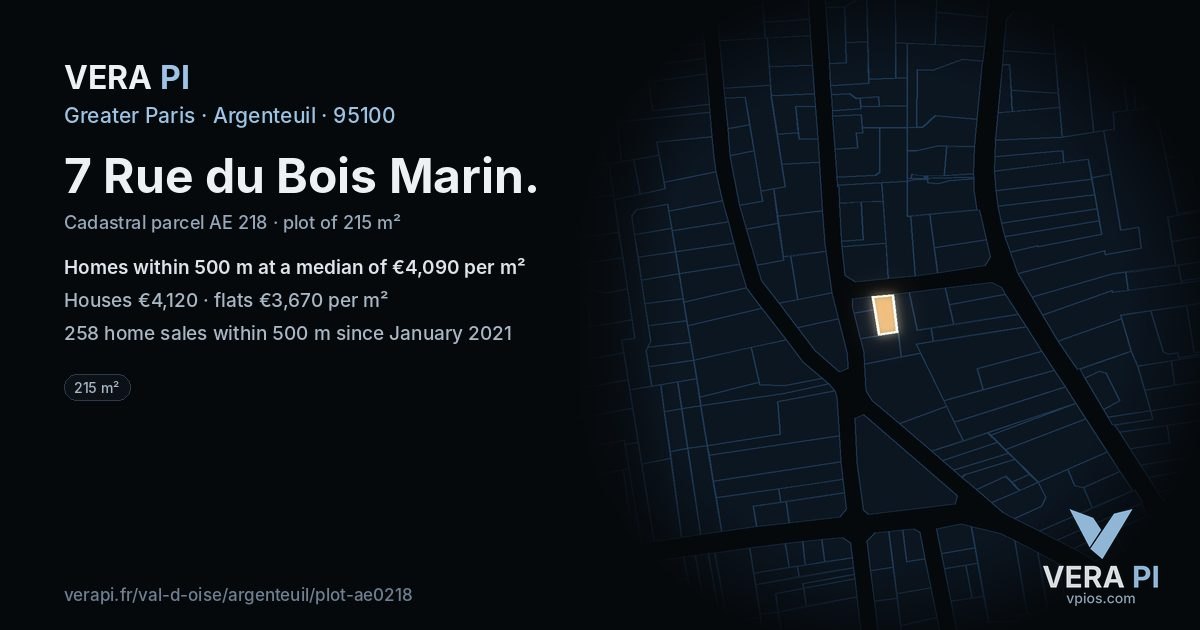 7 Rue du Bois Marin, Argenteuil at night – the plot lit, the parcels around coloured by the prices near them