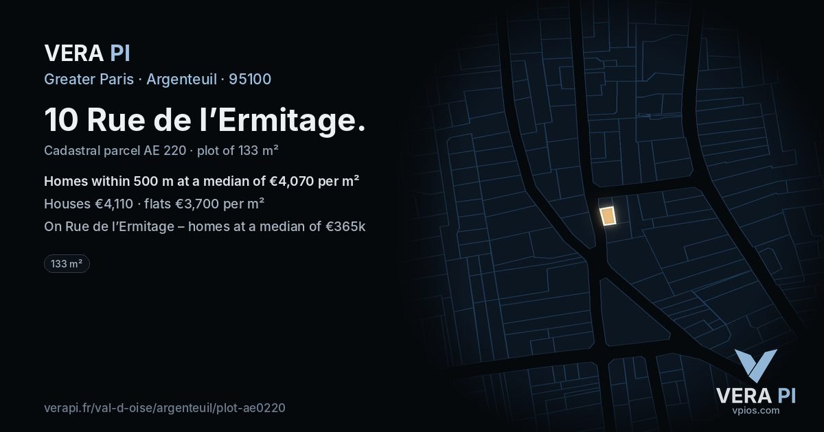 10 Rue de l’Ermitage, Argenteuil at night – the plot lit, the parcels around coloured by the prices near them