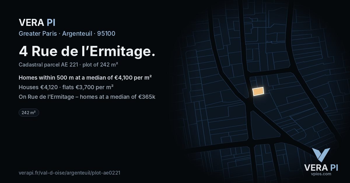 4 Rue de l’Ermitage, Argenteuil at night – the plot lit, the parcels around coloured by the prices near them