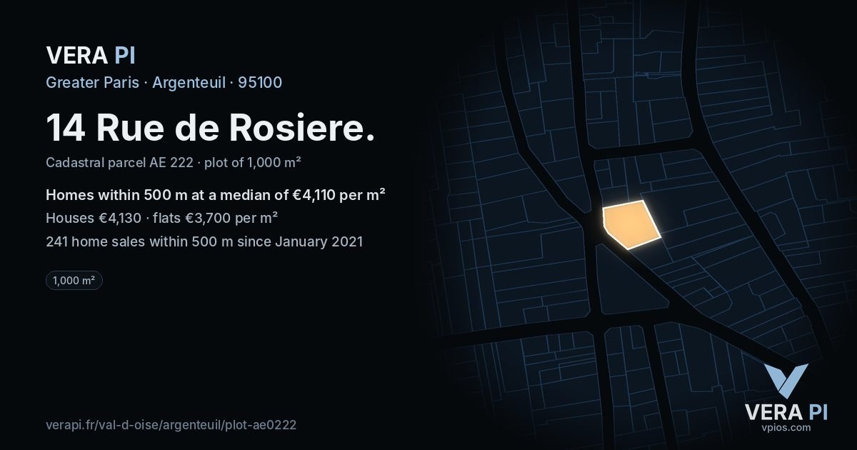 14 Rue de Rosiere, Argenteuil at night – the plot lit, the parcels around coloured by the prices near them