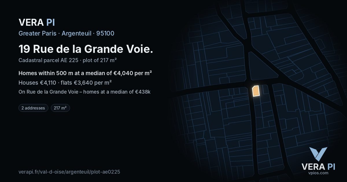 19 Rue de la Grande Voie, Argenteuil at night – the plot lit, the parcels around coloured by the prices near them