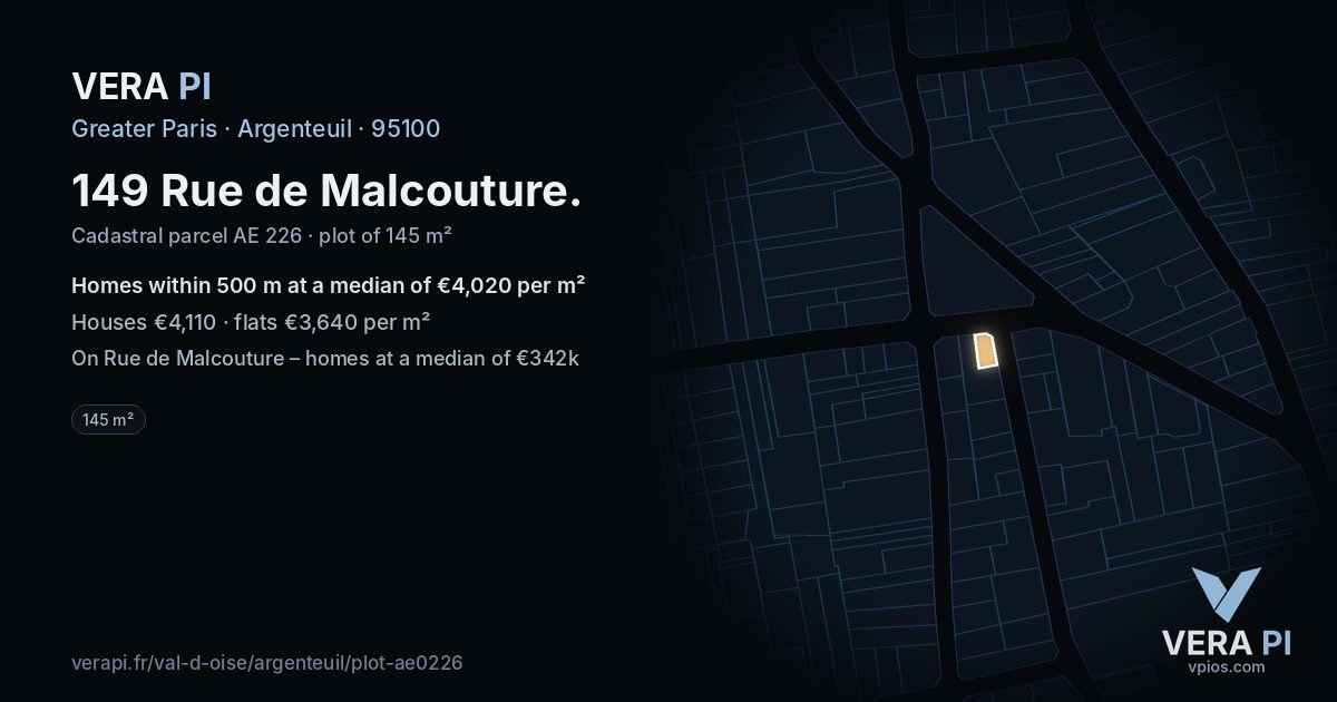 149 Rue de Malcouture, Argenteuil at night – the plot lit, the parcels around coloured by the prices near them