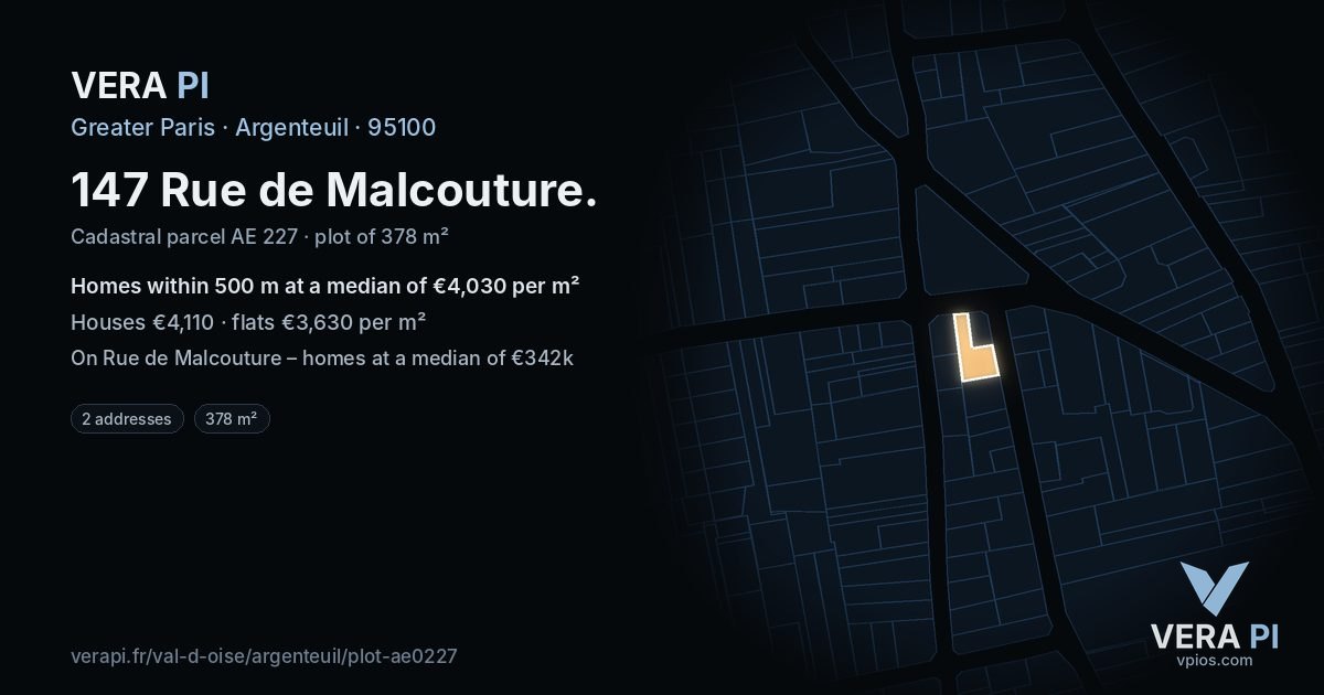147 Rue de Malcouture, Argenteuil at night – the plot lit, the parcels around coloured by the prices near them