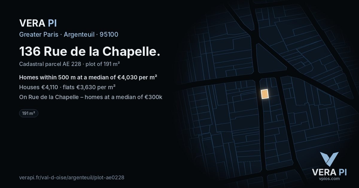 136 Rue de la Chapelle, Argenteuil at night – the plot lit, the parcels around coloured by the prices near them