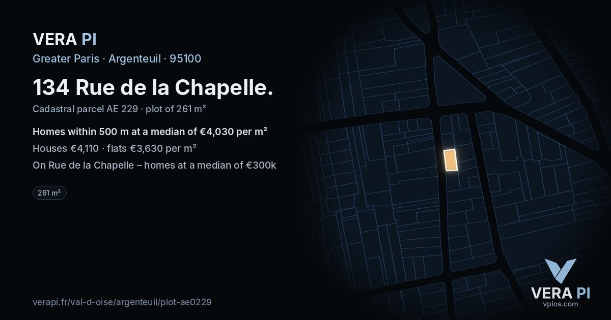 134 Rue de la Chapelle, Argenteuil at night – the plot lit, the parcels around coloured by the prices near them