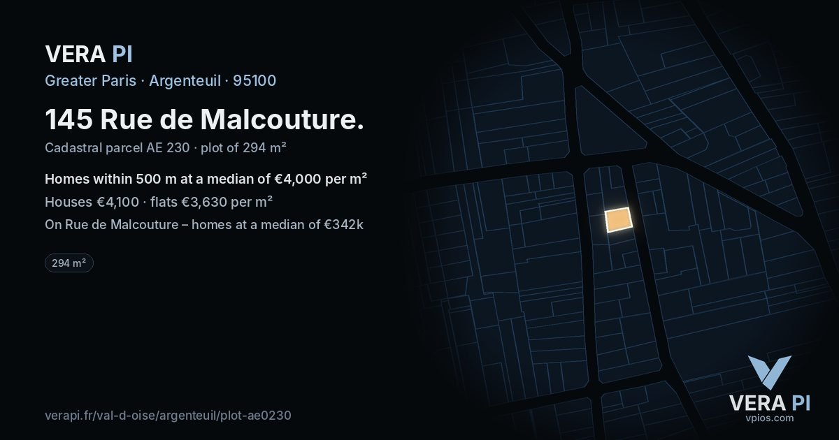 145 Rue de Malcouture, Argenteuil at night – the plot lit, the parcels around coloured by the prices near them