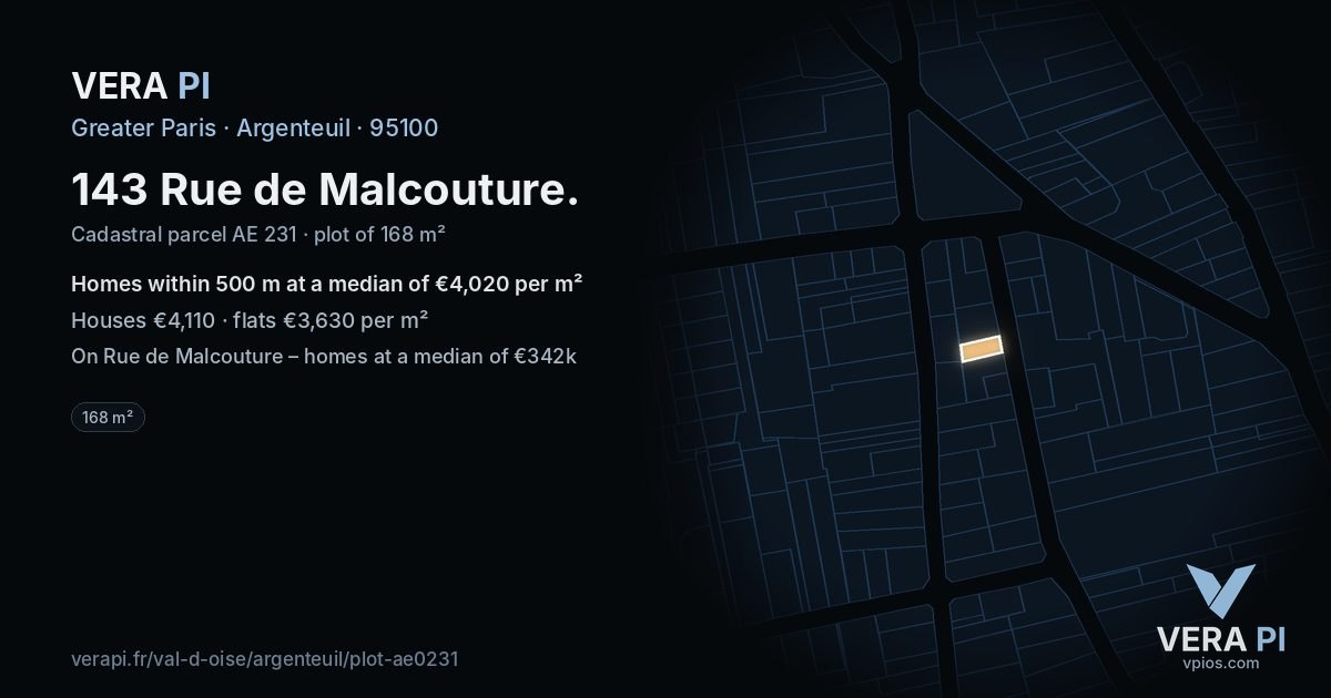 143 Rue de Malcouture, Argenteuil at night – the plot lit, the parcels around coloured by the prices near them