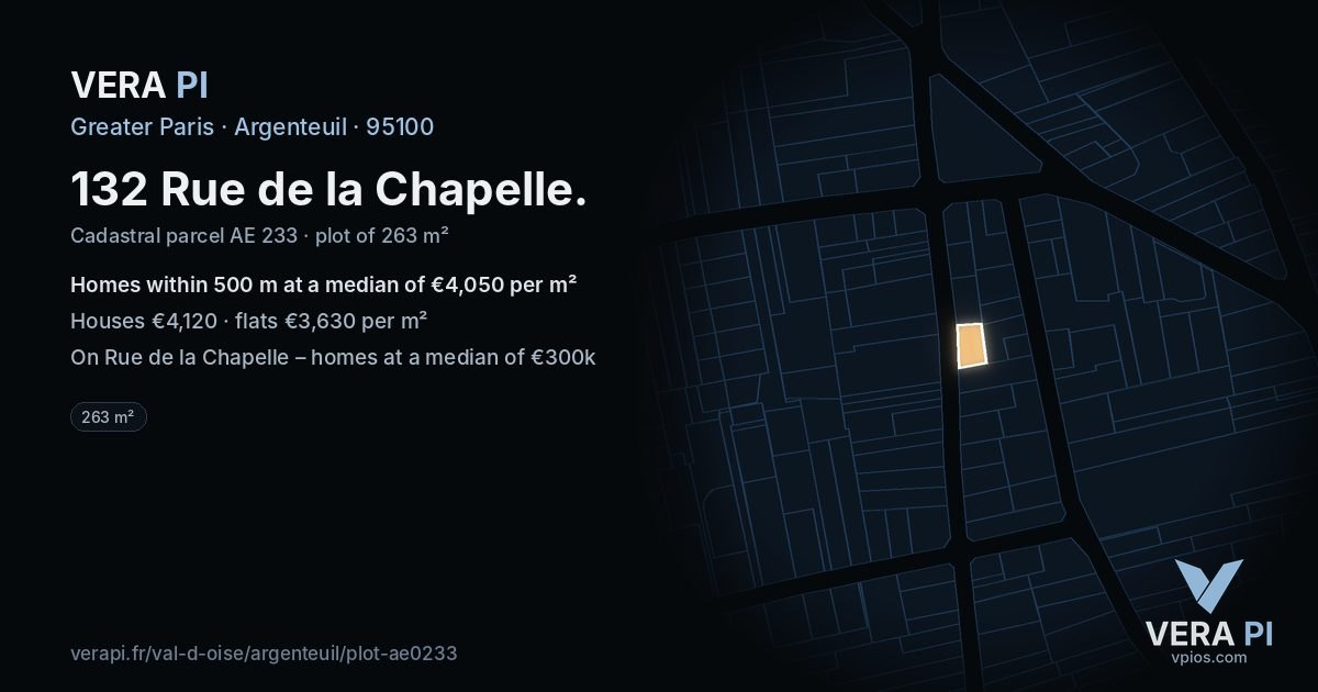 132 Rue de la Chapelle, Argenteuil at night – the plot lit, the parcels around coloured by the prices near them