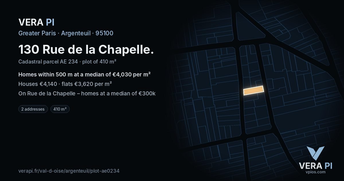 130 Rue de la Chapelle, Argenteuil at night – the plot lit, the parcels around coloured by the prices near them