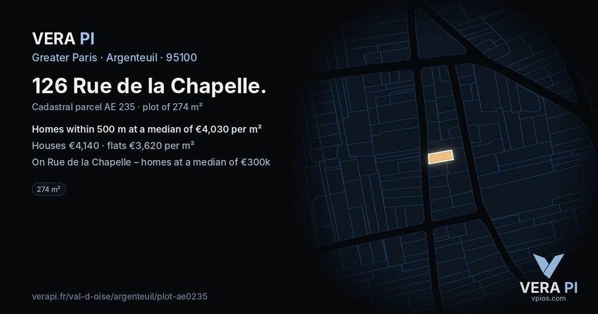 126 Rue de la Chapelle, Argenteuil at night – the plot lit, the parcels around coloured by the prices near them