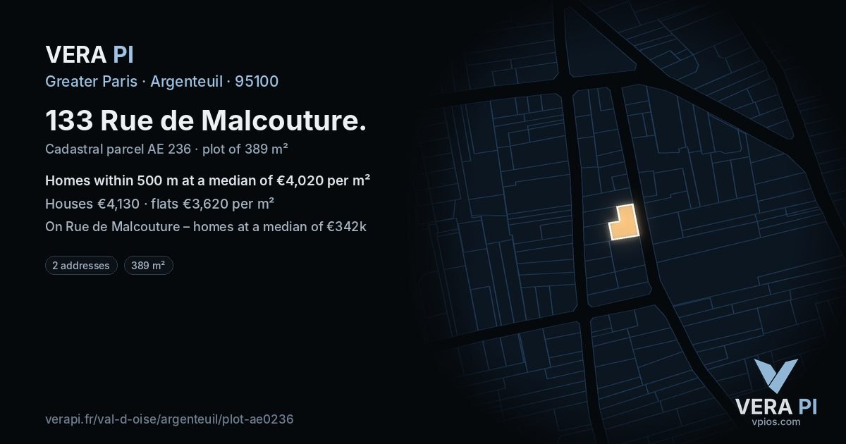133 Rue de Malcouture, Argenteuil at night – the plot lit, the parcels around coloured by the prices near them
