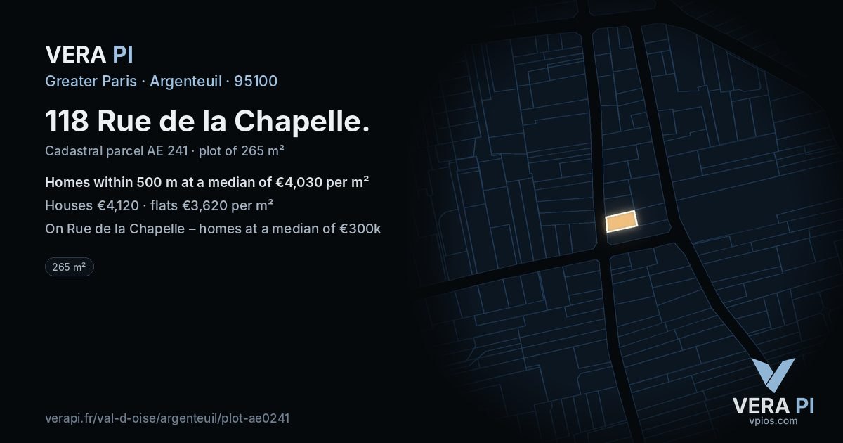 118 Rue de la Chapelle, Argenteuil at night – the plot lit, the parcels around coloured by the prices near them