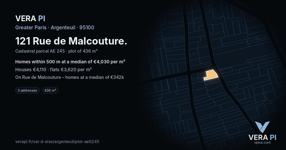 121 Rue de Malcouture, Argenteuil at night – the plot lit, the parcels around coloured by the prices near them