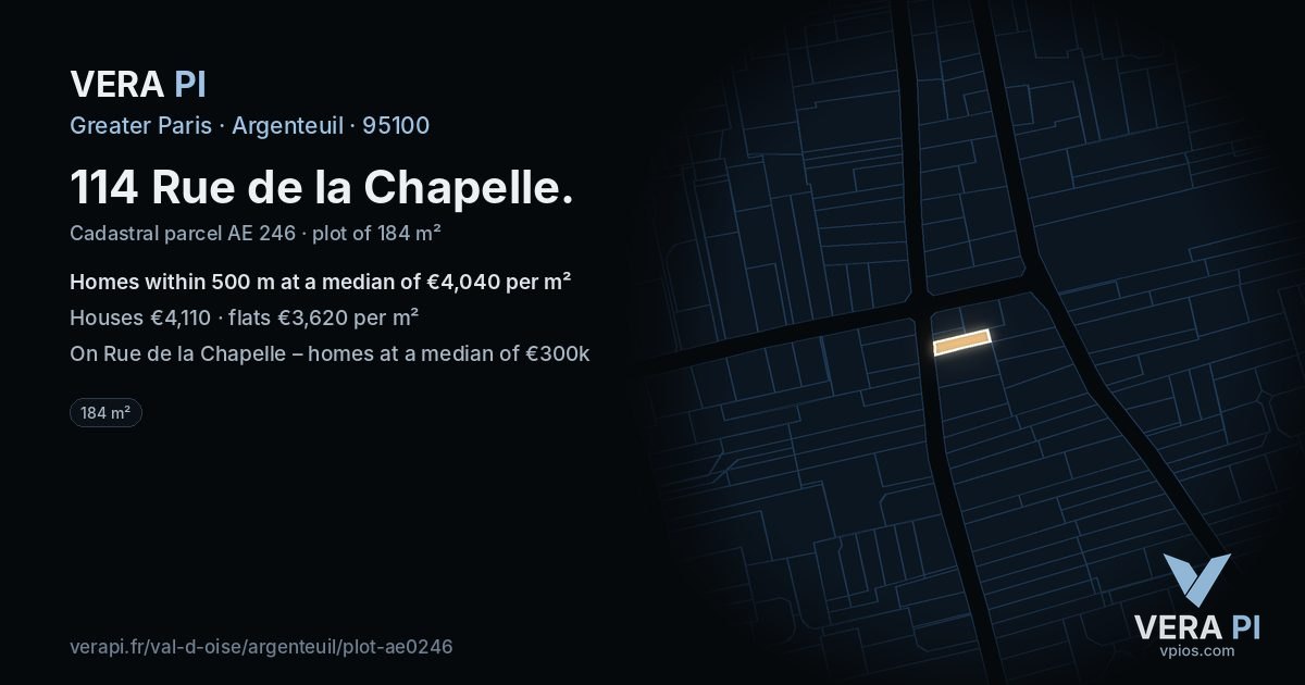 114 Rue de la Chapelle, Argenteuil at night – the plot lit, the parcels around coloured by the prices near them