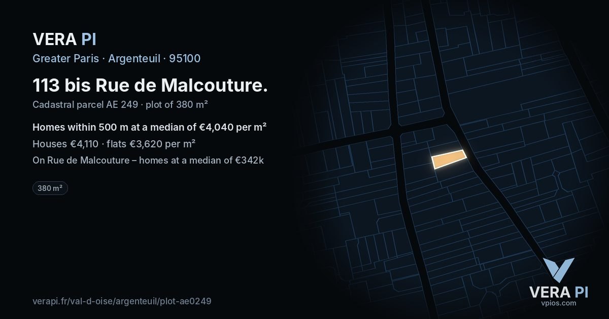 113 bis Rue de Malcouture, Argenteuil at night – the plot lit, the parcels around coloured by the prices near them