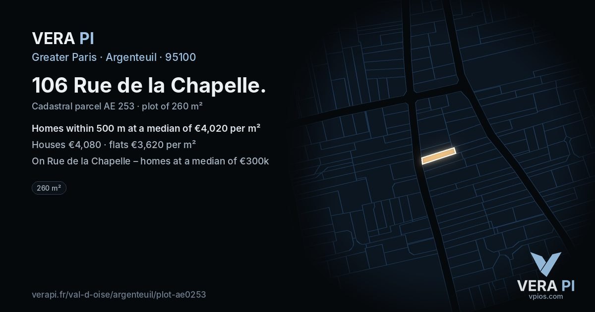 106 Rue de la Chapelle, Argenteuil at night – the plot lit, the parcels around coloured by the prices near them