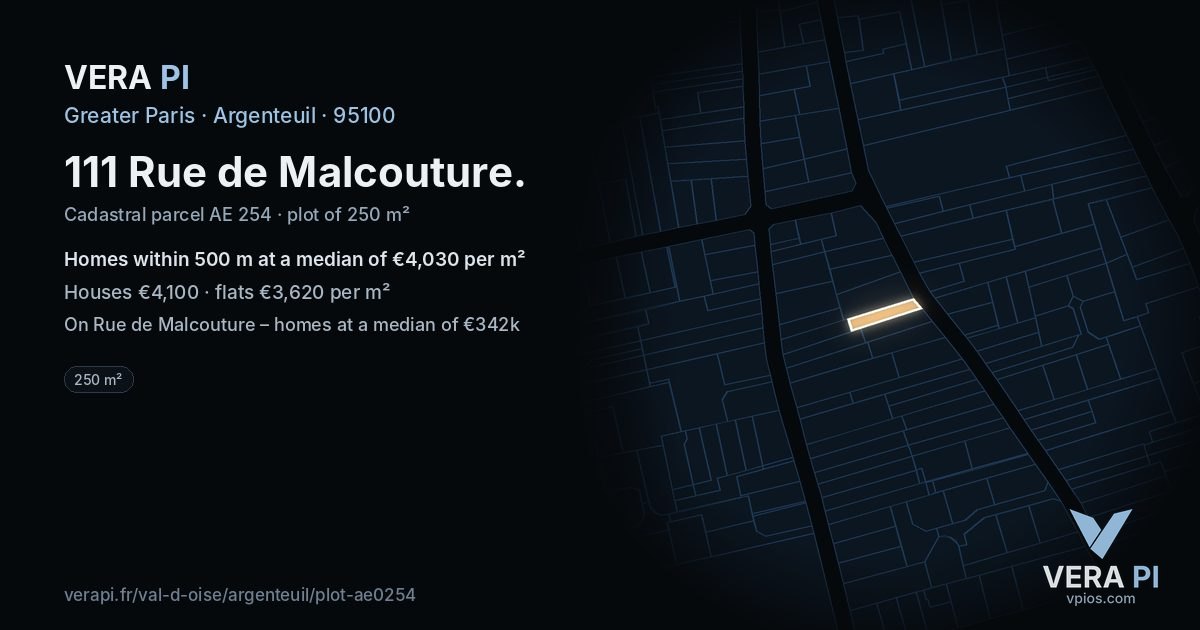 111 Rue de Malcouture, Argenteuil at night – the plot lit, the parcels around coloured by the prices near them