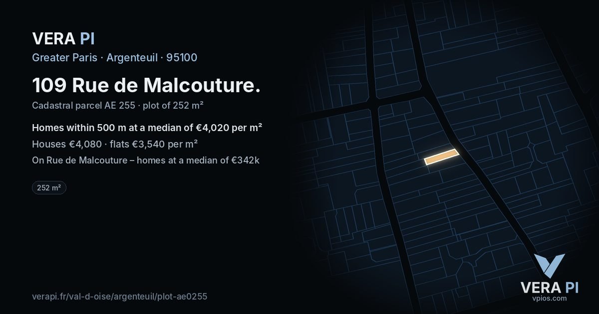 109 Rue de Malcouture, Argenteuil at night – the plot lit, the parcels around coloured by the prices near them