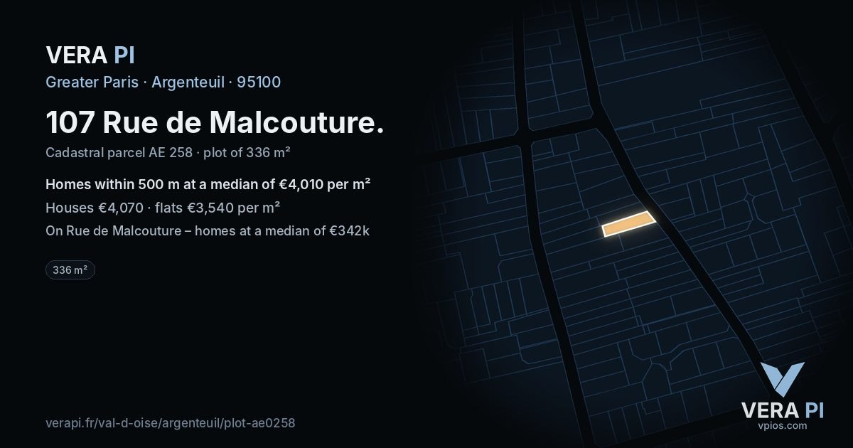 107 Rue de Malcouture, Argenteuil at night – the plot lit, the parcels around coloured by the prices near them