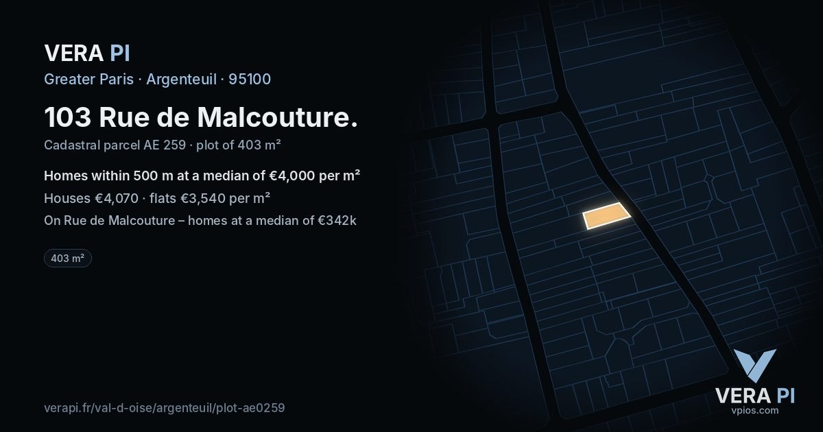103 Rue de Malcouture, Argenteuil at night – the plot lit, the parcels around coloured by the prices near them