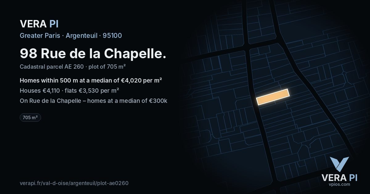 98 Rue de la Chapelle, Argenteuil at night – the plot lit, the parcels around coloured by the prices near them