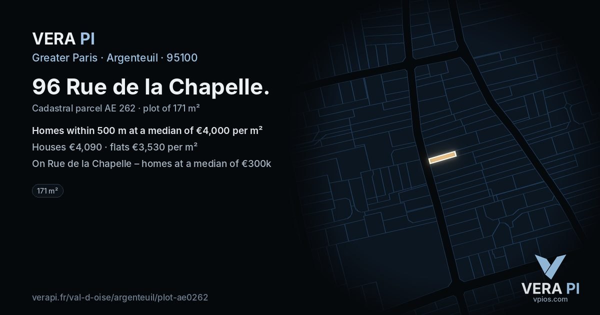 96 Rue de la Chapelle, Argenteuil at night – the plot lit, the parcels around coloured by the prices near them