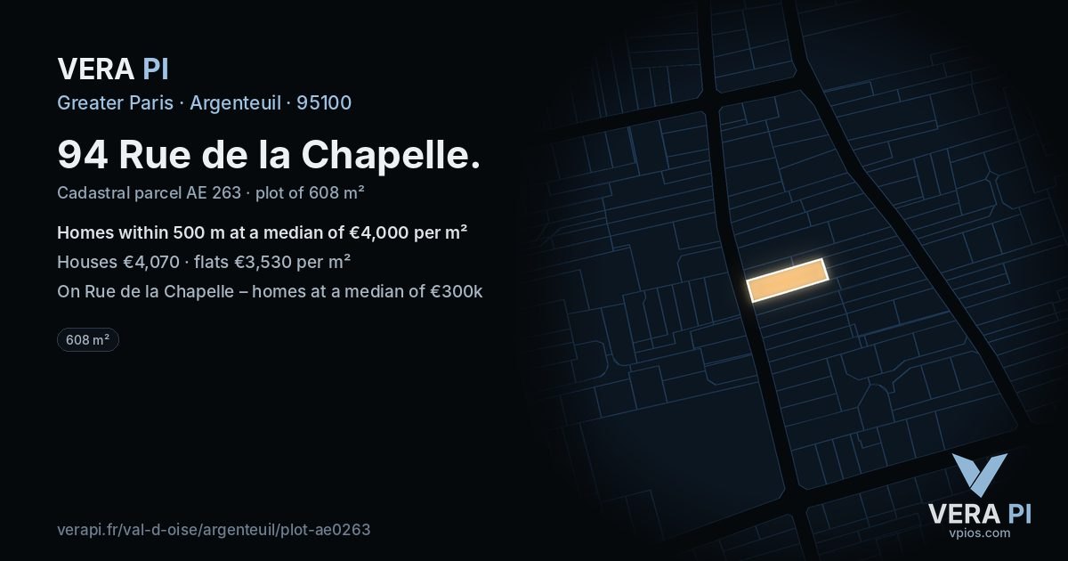 94 Rue de la Chapelle, Argenteuil at night – the plot lit, the parcels around coloured by the prices near them