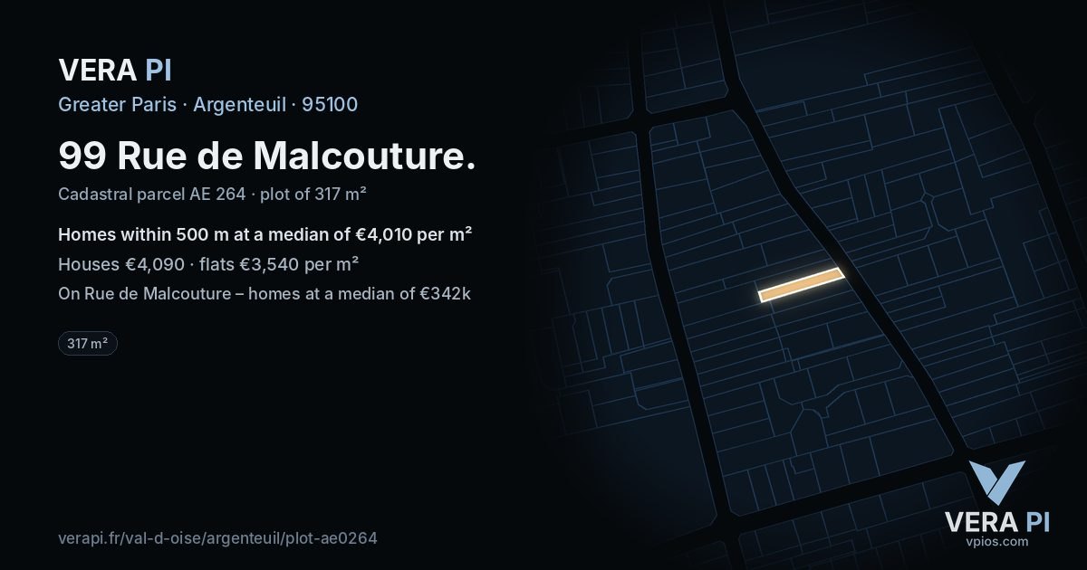 99 Rue de Malcouture, Argenteuil at night – the plot lit, the parcels around coloured by the prices near them