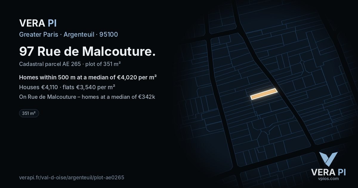 97 Rue de Malcouture, Argenteuil at night – the plot lit, the parcels around coloured by the prices near them