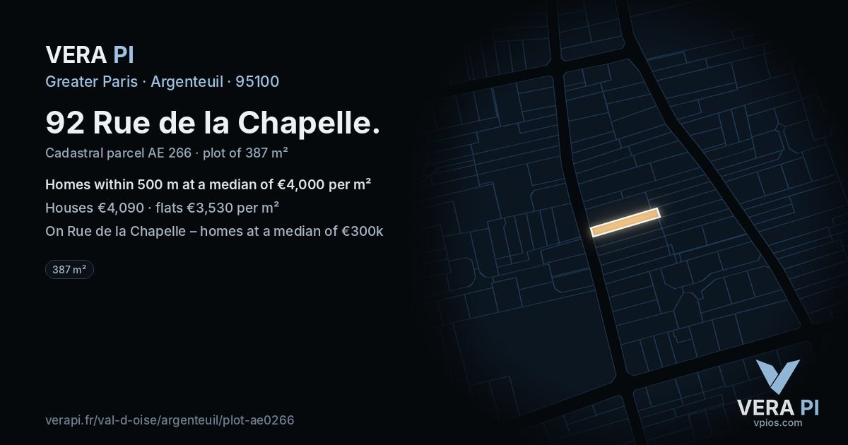 92 Rue de la Chapelle, Argenteuil at night – the plot lit, the parcels around coloured by the prices near them