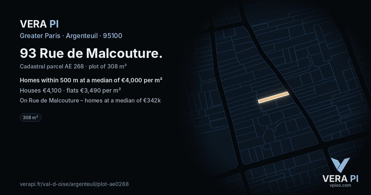 93 Rue de Malcouture, Argenteuil at night – the plot lit, the parcels around coloured by the prices near them