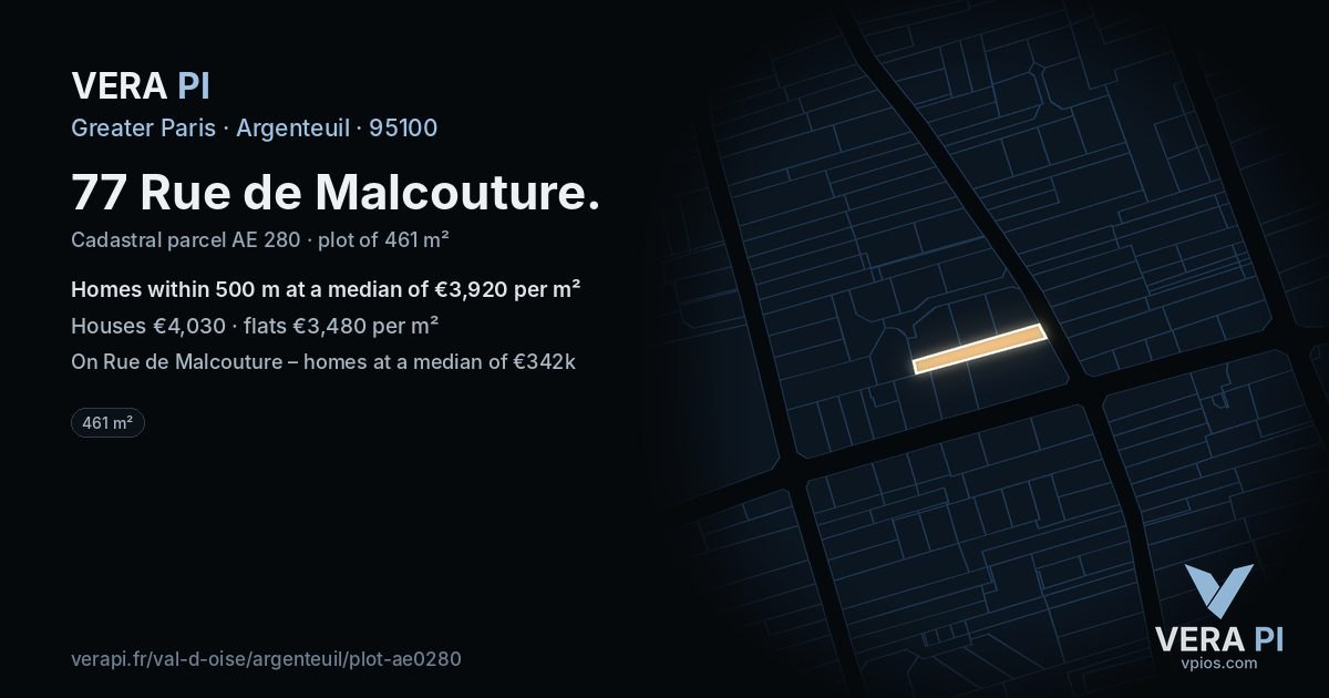 77 Rue de Malcouture, Argenteuil at night – the plot lit, the parcels around coloured by the prices near them