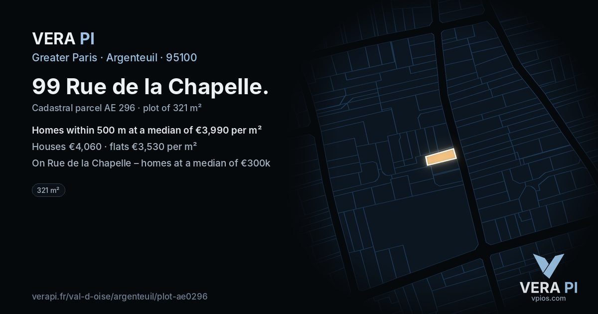 99 Rue de la Chapelle, Argenteuil at night – the plot lit, the parcels around coloured by the prices near them