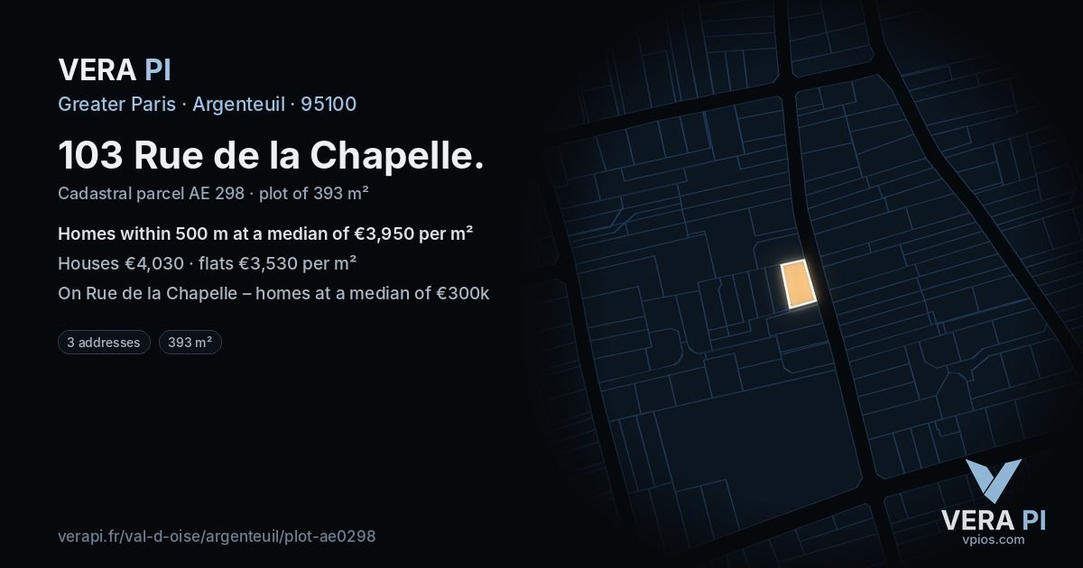 103 Rue de la Chapelle, Argenteuil at night – the plot lit, the parcels around coloured by the prices near them