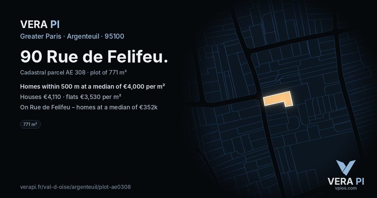 90 Rue de Felifeu, Argenteuil at night – the plot lit, the parcels around coloured by the prices near them