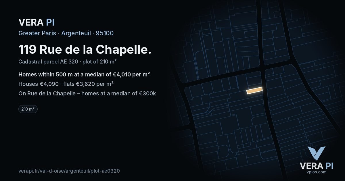 119 Rue de la Chapelle, Argenteuil at night – the plot lit, the parcels around coloured by the prices near them