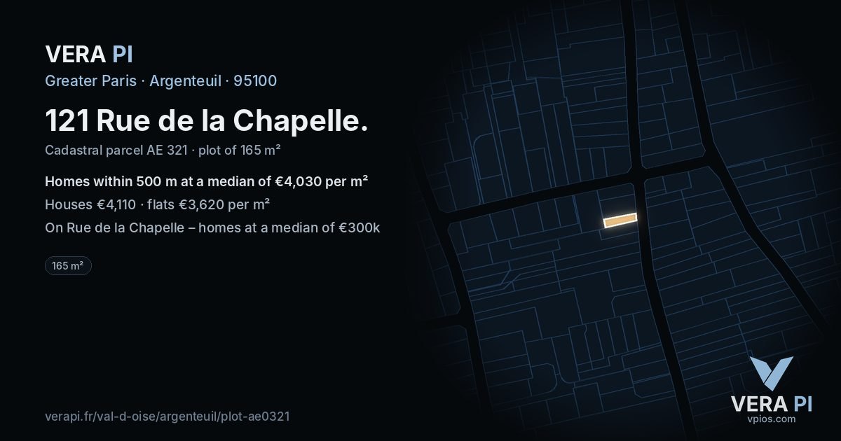 121 Rue de la Chapelle, Argenteuil at night – the plot lit, the parcels around coloured by the prices near them