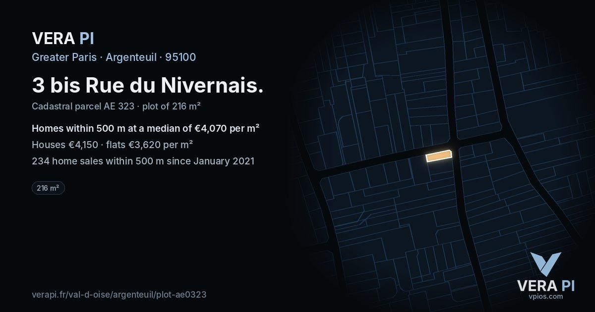 3 bis Rue du Nivernais, Argenteuil at night – the plot lit, the parcels around coloured by the prices near them