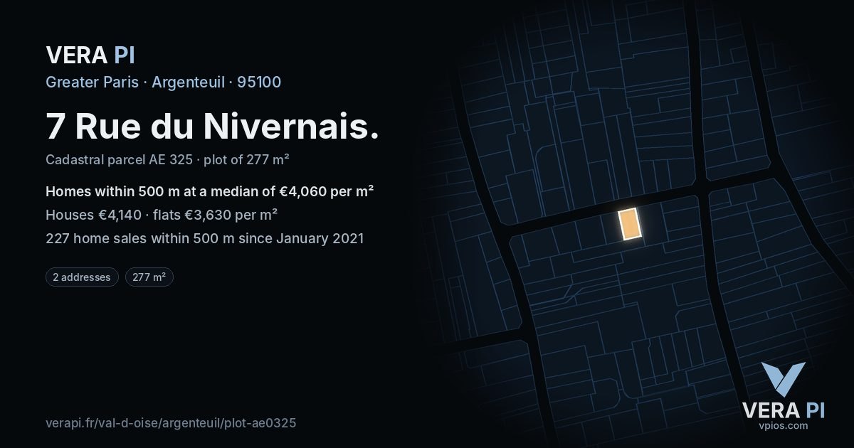 7 Rue du Nivernais, Argenteuil at night – the plot lit, the parcels around coloured by the prices near them