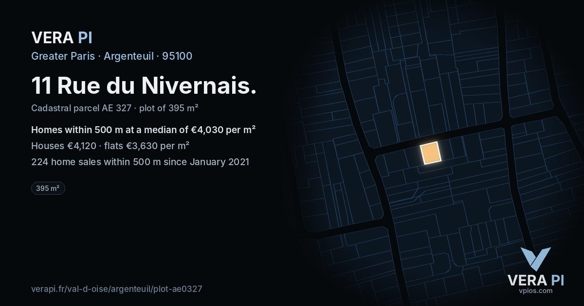 11 Rue du Nivernais, Argenteuil at night – the plot lit, the parcels around coloured by the prices near them