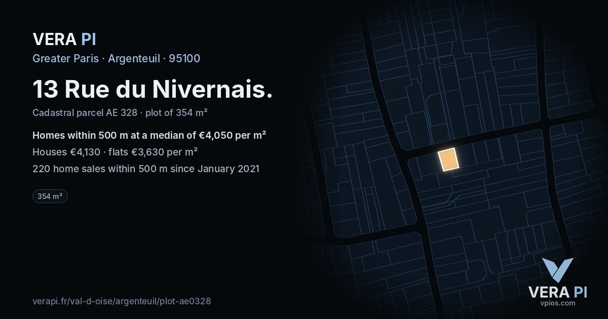 13 Rue du Nivernais, Argenteuil at night – the plot lit, the parcels around coloured by the prices near them